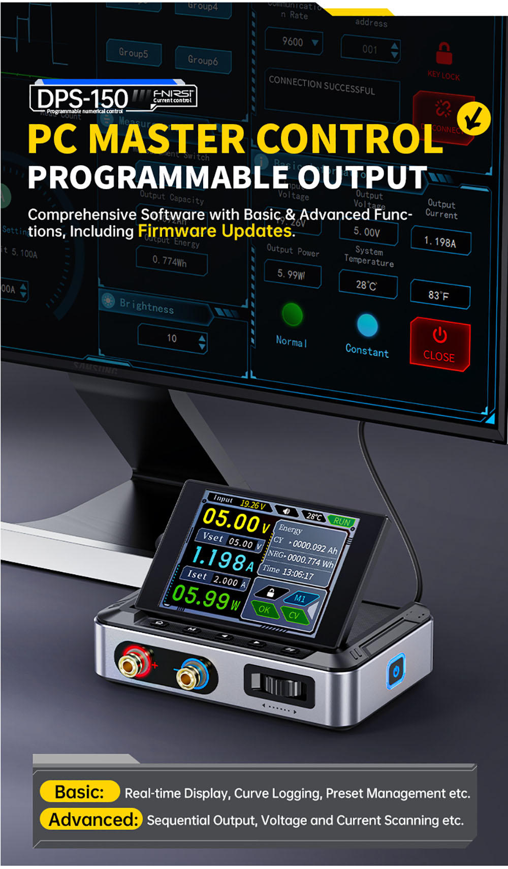 Napájecí zdroj FNIRSI DPS-150 DC, variabilní, nastavitelný 30V 5A, výkon 150W, 4místný IPS displej, otočný o 90 stupňů, zvlnění napájení <20mV, vstup PD/QC/DC, programovatelné přepínání z PC
