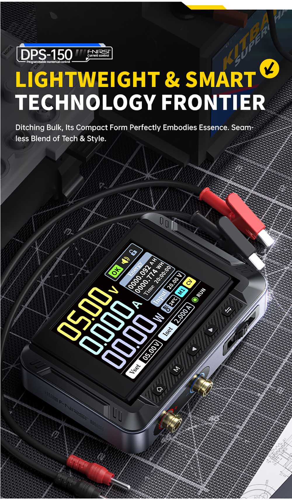 Napájecí zdroj FNIRSI DPS-150 DC, variabilní, nastavitelný 30V 5A, výkon 150W, 4místný IPS displej, otočný o 90 stupňů, zvlnění napájení <20mV, vstup PD/QC/DC, programovatelné přepínání z PC