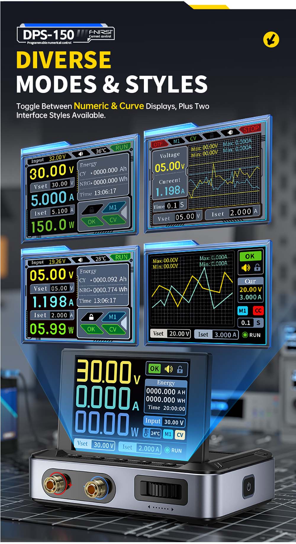 Napájecí zdroj FNIRSI DPS-150 DC, variabilní, nastavitelný 30V 5A, výkon 150W, 4místný IPS displej, otočný o 90 stupňů, zvlnění napájení <20mV, vstup PD/QC/DC, programovatelné přepínání z PC