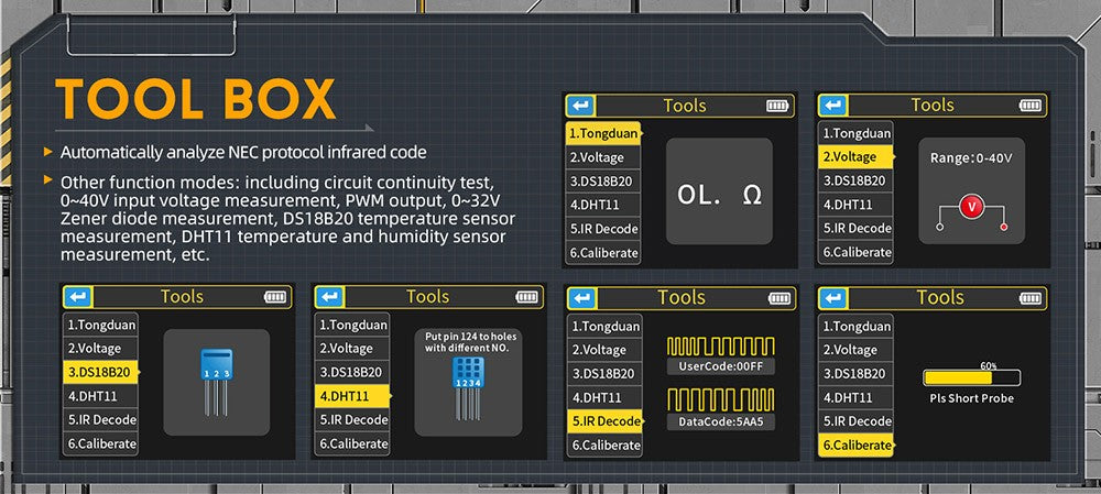 FNIRSI DSO-TC3 3 v 1 digitální osciloskop s vysokonapěťovou sondou P6100, generátorem signálu DDS, testerem tranzistorů, 1 kanál, šířka pásma 500 kHz, vzorkovací frekvence 10 MSa/s, 6 typů průběhů.