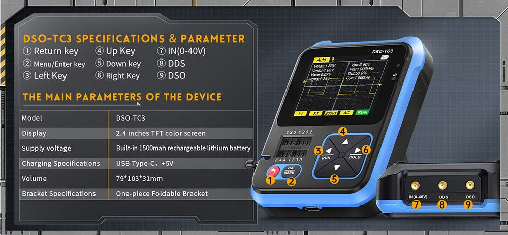 FNIRSI DSO-TC3 3 v 1 digitální osciloskop s vysokonapěťovou sondou P6100, generátorem signálu DDS, testerem tranzistorů, 1 kanál, šířka pásma 500 kHz, vzorkovací frekvence 10 MSa/s, 6 typů průběhů.