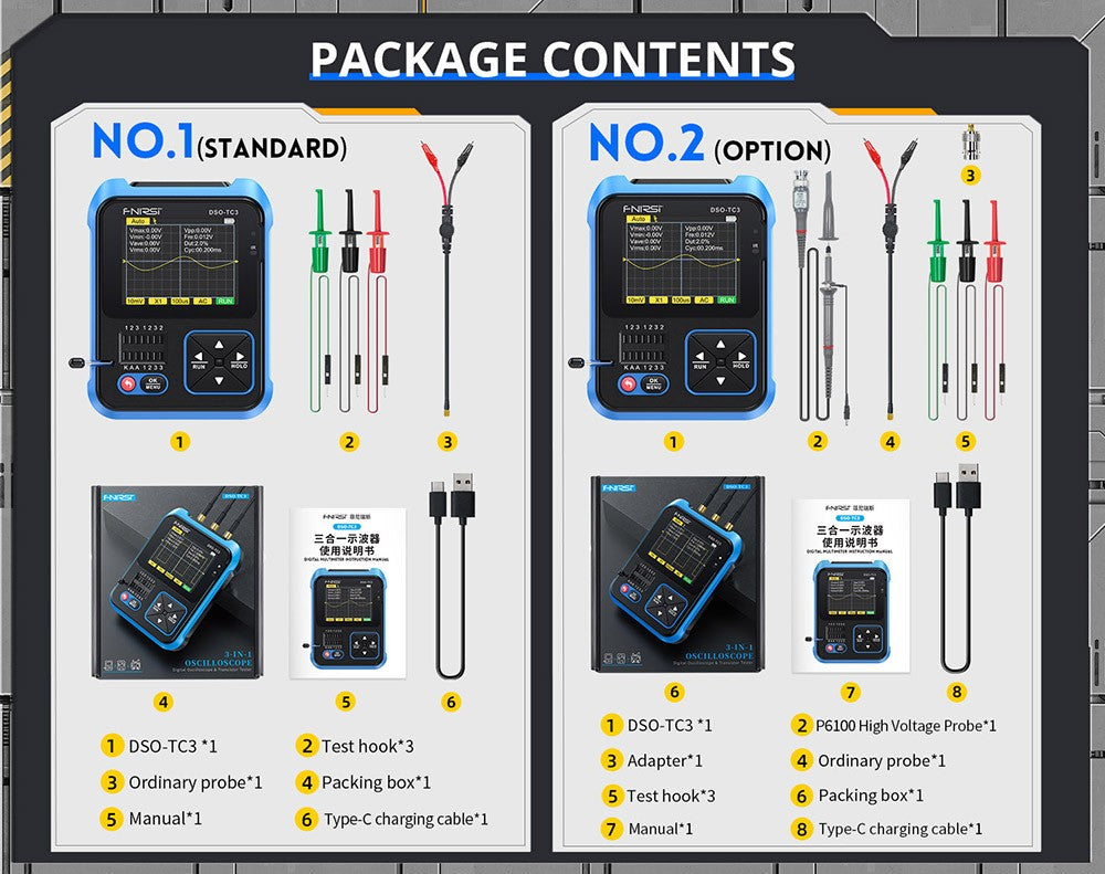 FNIRSI DSO-TC3 3 v 1 digitální osciloskop s vysokonapěťovou sondou P6100, generátorem signálu DDS, testerem tranzistorů, 1 kanál, šířka pásma 500 kHz, vzorkovací frekvence 10 MSa/s, 6 typů průběhů.