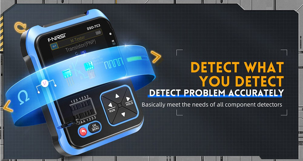 FNIRSI DSO-TC3 3 v 1 digitální osciloskop s vysokonapěťovou sondou P6100, generátorem signálu DDS, testerem tranzistorů, 1 kanál, šířka pásma 500 kHz, vzorkovací frekvence 10 MSa/s, 6 typů průběhů.