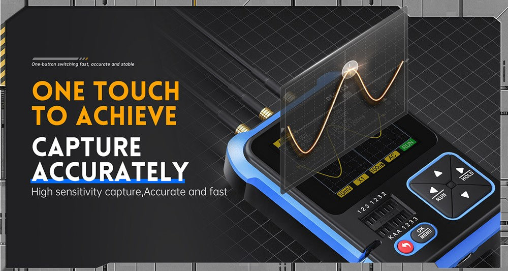 FNIRSI DSO-TC3 3 v 1 digitální osciloskop s vysokonapěťovou sondou P6100, generátorem signálu DDS, testerem tranzistorů, 1 kanál, šířka pásma 500 kHz, vzorkovací frekvence 10 MSa/s, 6 typů průběhů.