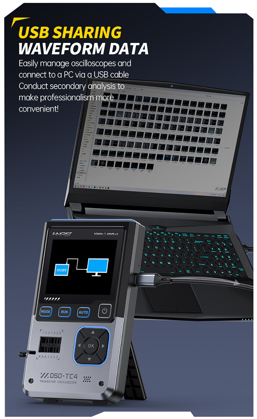 Digitální osciloskop FNIRSI DSO-TC4, šířka pásma 10 MHz, vzorkování 48 MSa/s, generátor signálu, tester tranzistorů, 2,8