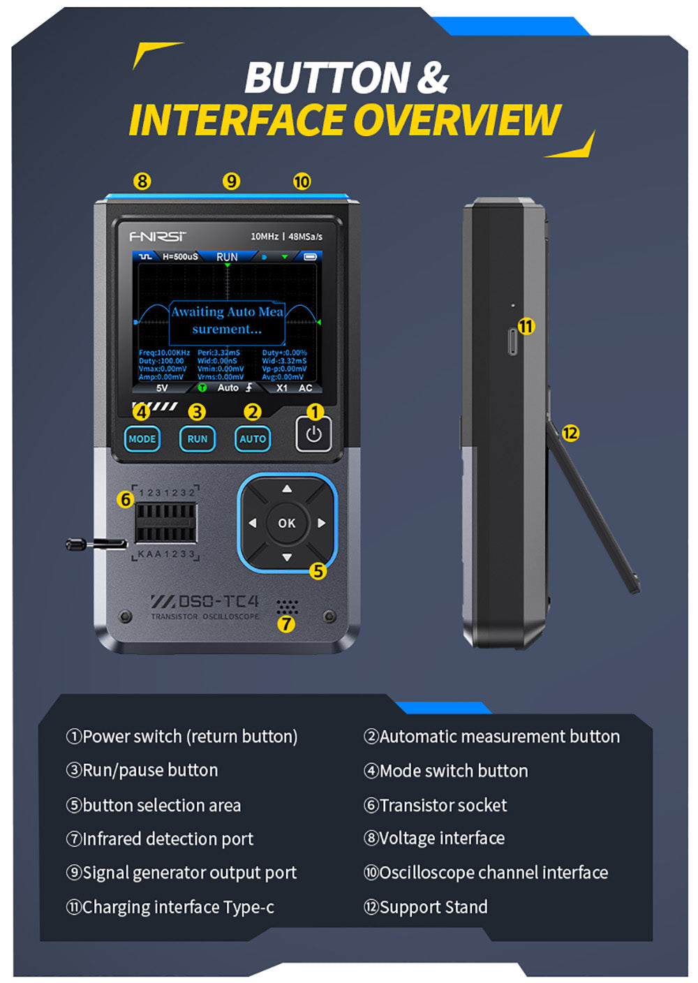 Digitální osciloskop FNIRSI DSO-TC4, šířka pásma 10 MHz, vzorkování 48 MSa/s, generátor signálu, tester tranzistorů, 2,8
