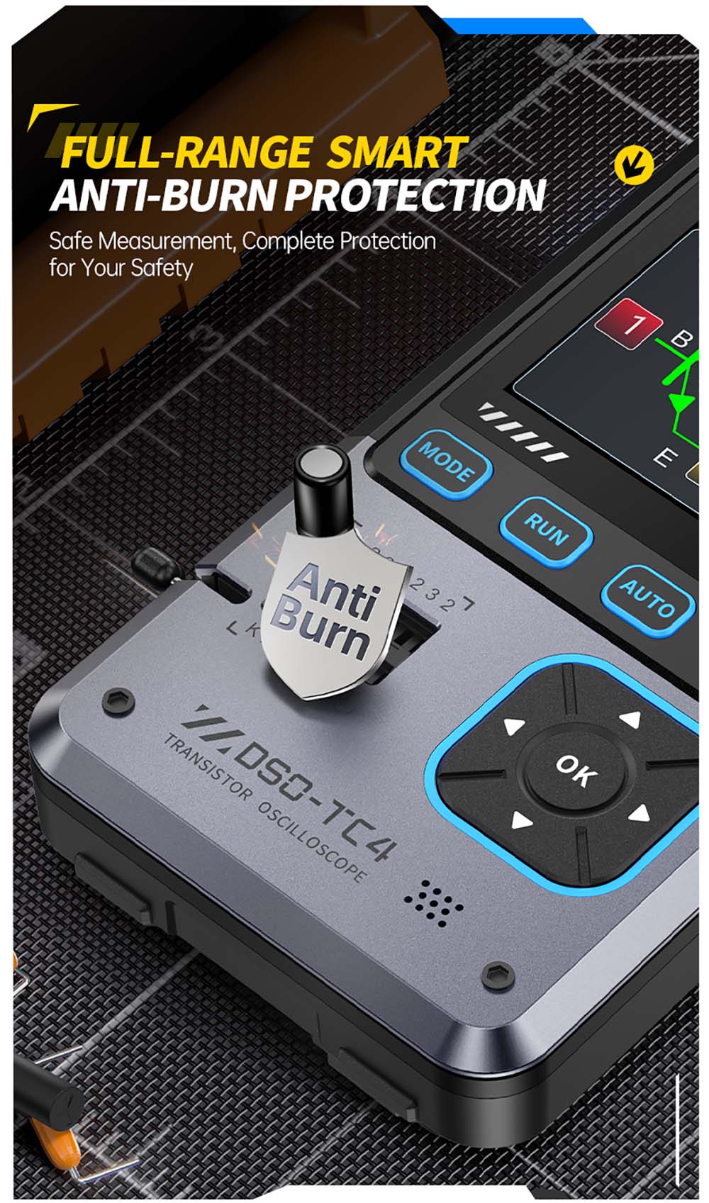 Digitální osciloskop FNIRSI DSO-TC4, šířka pásma 10 MHz, vzorkování 48 MSa/s, generátor signálu, tester tranzistorů, 2,8