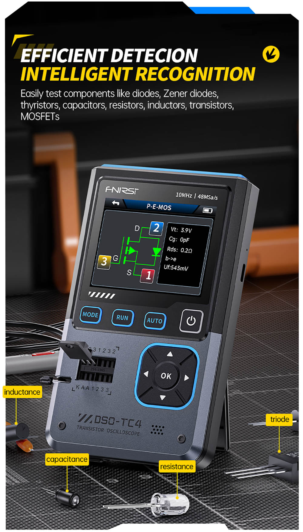 Digitální osciloskop FNIRSI DSO-TC4, šířka pásma 10 MHz, vzorkování 48 MSa/s, generátor signálu, tester tranzistorů, 2,8