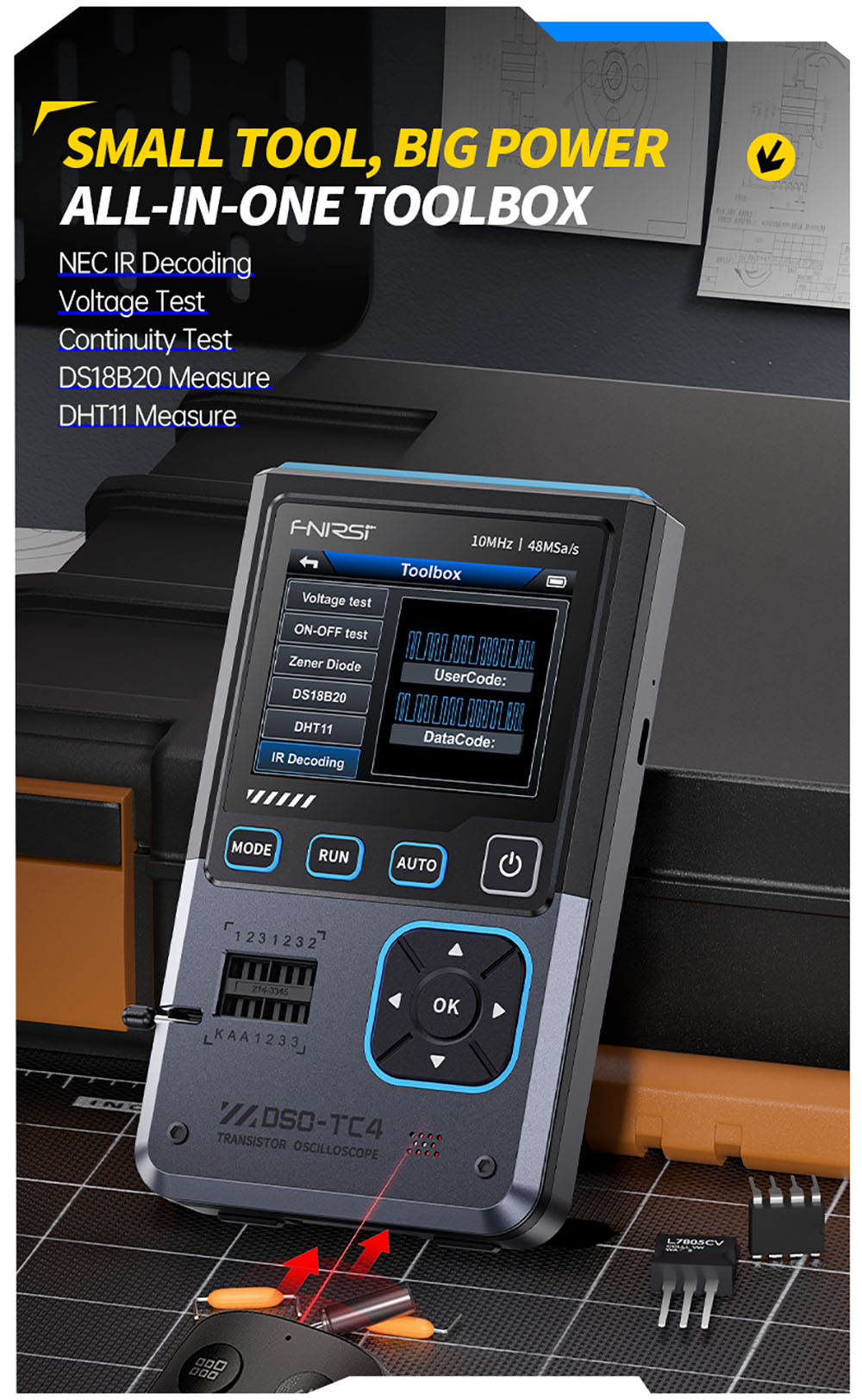 Digitální osciloskop FNIRSI DSO-TC4, šířka pásma 10 MHz, vzorkování 48 MSa/s, generátor signálu, tester tranzistorů, 2,8
