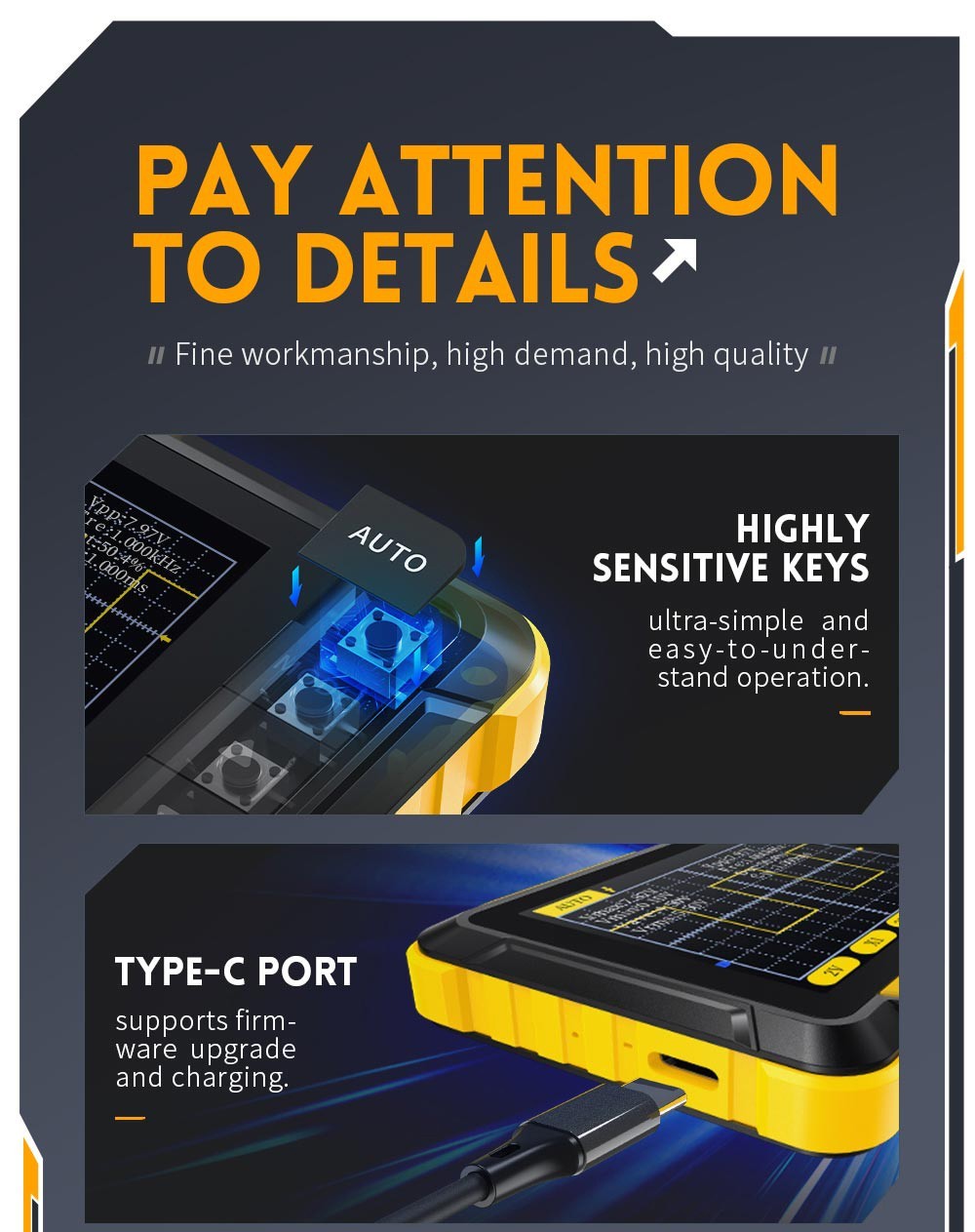 Mini ruční digitální osciloskop FNIRSI DSO152 s vysokonapěťovou sondou P6100, vzorkovací frekvencí 2,5 MSa/s, šířkou pásma 200 kHz