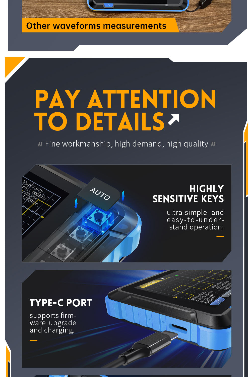 Digitální osciloskop FNIRSI DSO153, 2,8palcová obrazovka, automatické nastavení, lithiová baterie 1000 mAh, kalibrace 1 kHz, obdélníkový signál, šířka pásma 1 MHz, vzorkovací frekvence 5 MS/s, prémiová verze