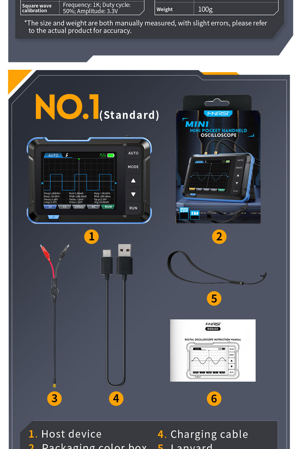 Digitální osciloskop FNIRSI DSO153, 2,8palcová obrazovka, automatické nastavení, lithiová baterie 1000 mAh, kalibrace 1 kHz, obdélníkový signál, šířka pásma 1 MHz, vzorkovací frekvence 5 MS/s, prémiová verze