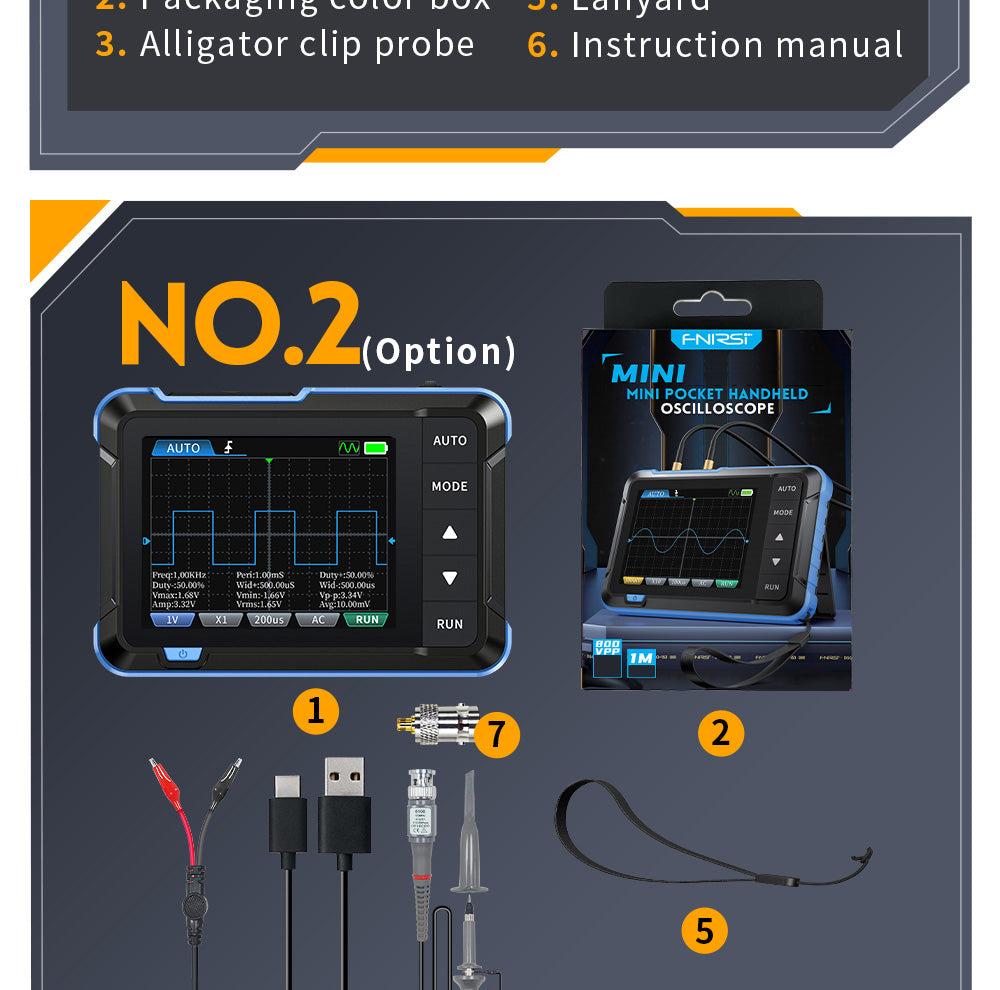 Digitální osciloskop FNIRSI DSO153, 2,8palcová obrazovka, automatické nastavení, lithiová baterie 1000 mAh, kalibrace 1 kHz, obdélníkový signál, šířka pásma 1 MHz, vzorkovací frekvence 5 MS/s, prémiová verze
