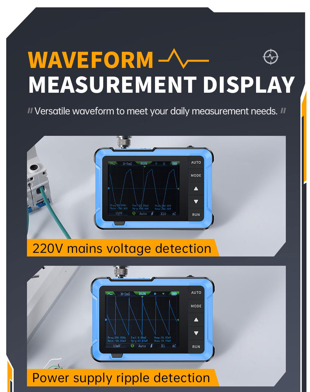 Digitální osciloskop FNIRSI DSO510 2v1, generátor signálu DDS, 2,8palcový displej, šířka pásma 10 MHz, vzorkovací frekvence 48 MS/s, automatický/normální/jednoduchý režim spouštění