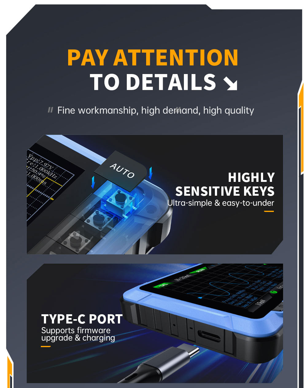 Digitální osciloskop FNIRSI DSO510 2v1, generátor signálu DDS, 2,8palcový displej, šířka pásma 10 MHz, vzorkovací frekvence 48 MS/s, automatický/normální/jednoduchý režim spouštění