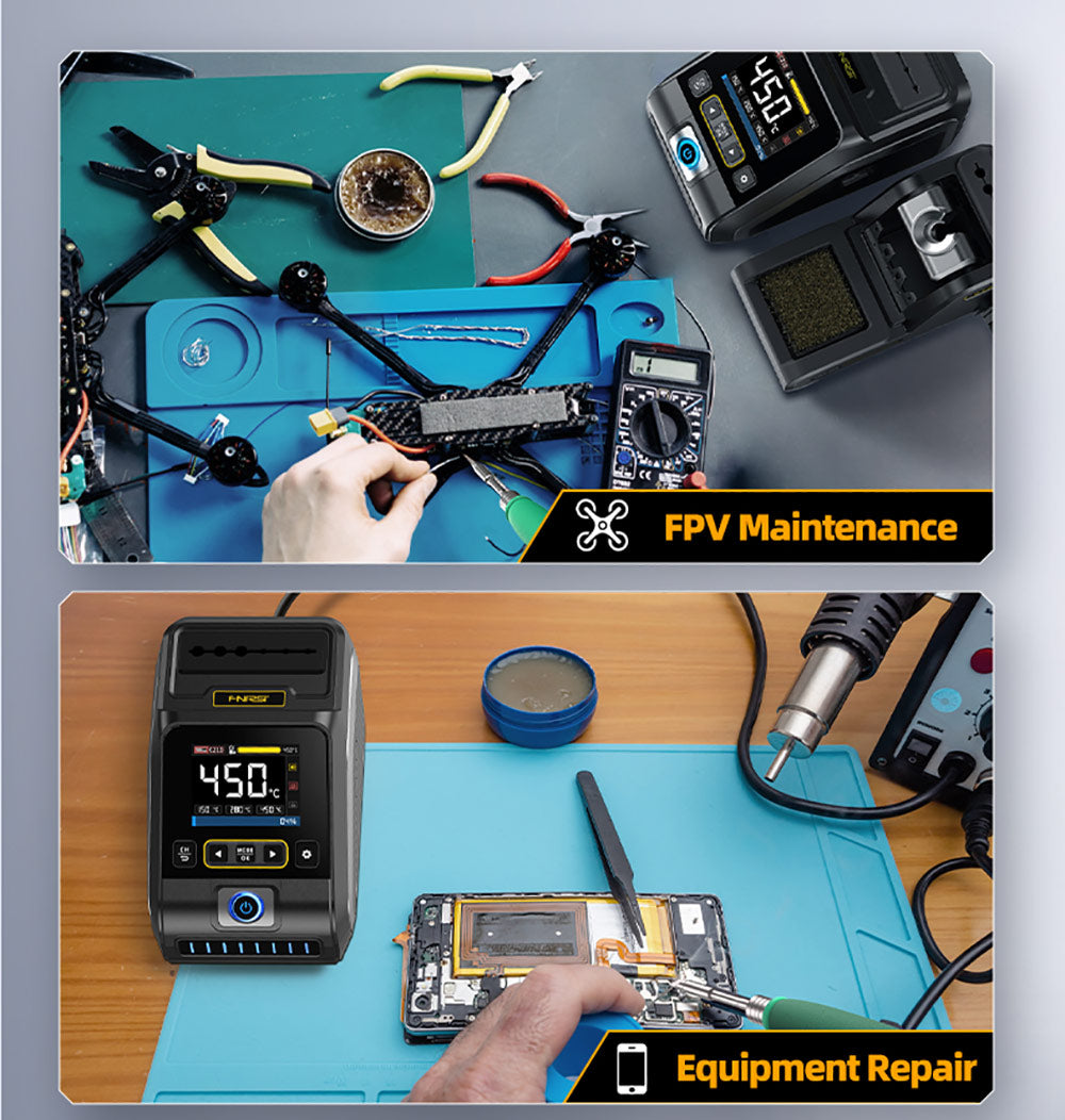 Standardní digitální pájecí stanice FNIRSI DWS-200 F210 s výkonem 200 W, s 1 hrotem a 2 pomocnými rukama, režimem měření teploty a křivky, 3 úložnými teplotami, barevným displejem.