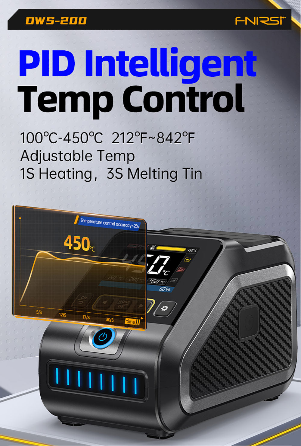 Standardní digitální pájecí stanice FNIRSI DWS-200 F210 s výkonem 200 W, s 1 hrotem a 2 pomocnými rukama, režimem měření teploty a křivky, 3 úložnými teplotami, barevným displejem.
