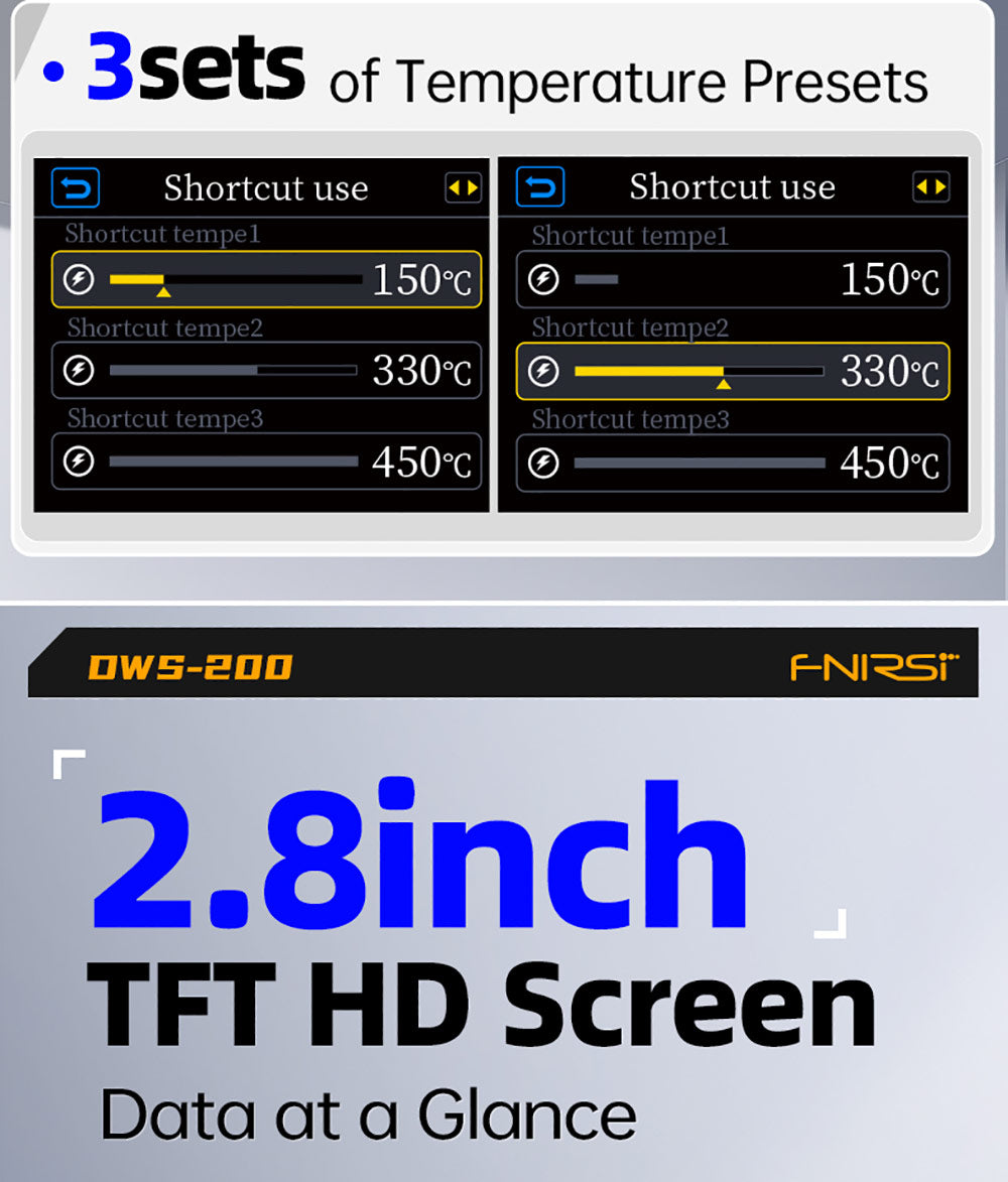 Standardní digitální pájecí stanice FNIRSI DWS-200 F210 s výkonem 200 W, s 1 hrotem a 2 pomocnými rukama, režimem měření teploty a křivky, 3 úložnými teplotami, barevným displejem.