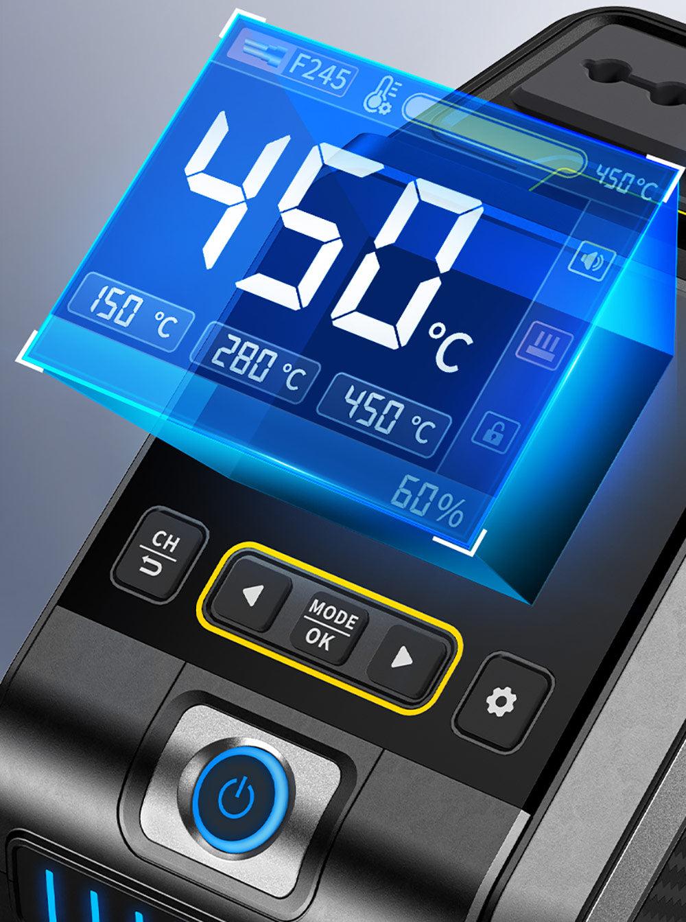 Standardní digitální pájecí stanice FNIRSI DWS-200 F210 s výkonem 200 W, s 1 hrotem a 2 pomocnými rukama, režimem měření teploty a křivky, 3 úložnými teplotami, barevným displejem.