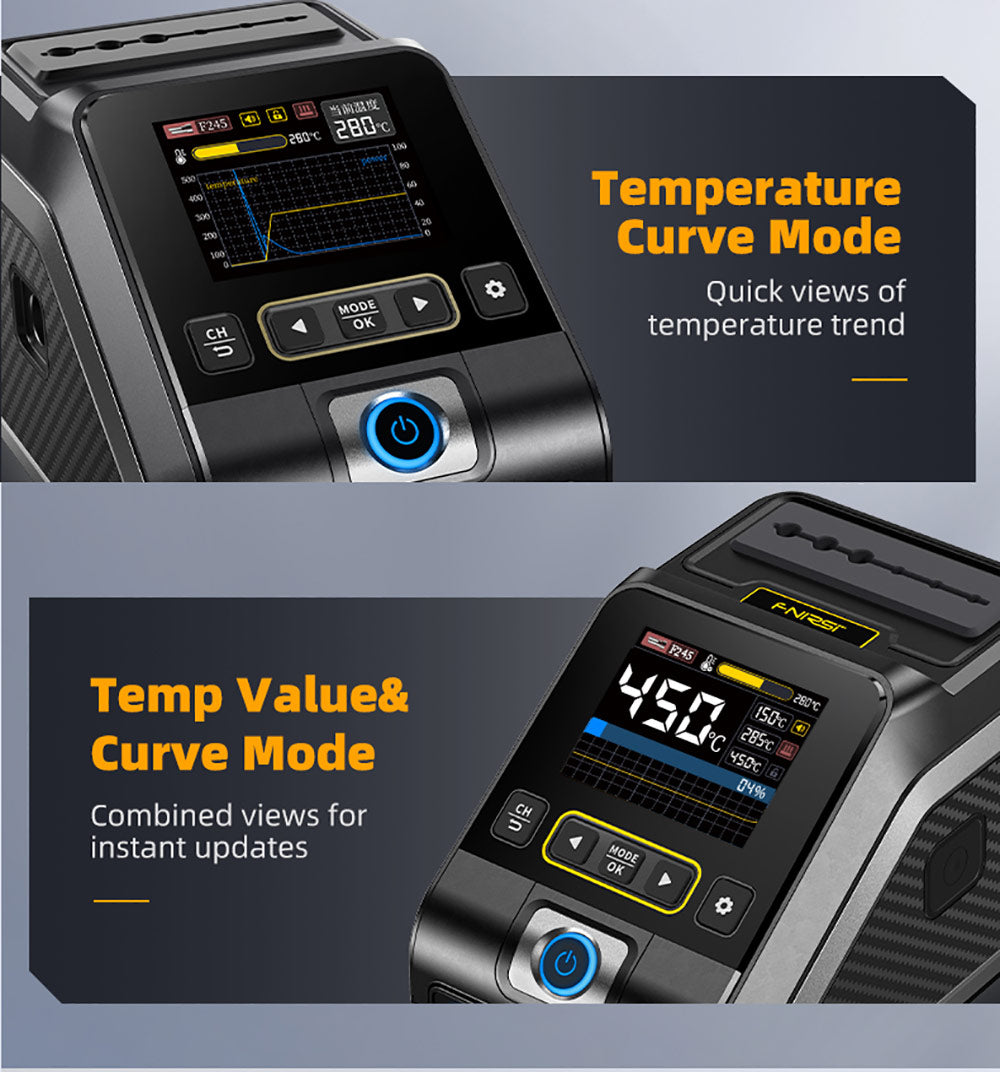 Standardní digitální pájecí stanice FNIRSI DWS-200 F210 s výkonem 200 W, s 1 hrotem a 2 pomocnými rukama, režimem měření teploty a křivky, 3 úložnými teplotami, barevným displejem.