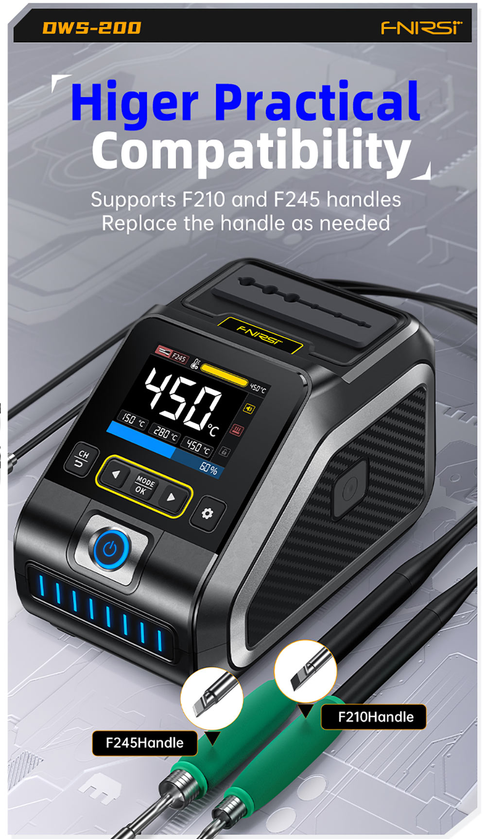 Sada pájecí stanice FNIRSI DWS-200 F245 Premium 200W, se 6 pájecími hroty a 2 pomocnými rukama, režim měření teploty a křivky, 3 úložiště teplot, plně barevný displej