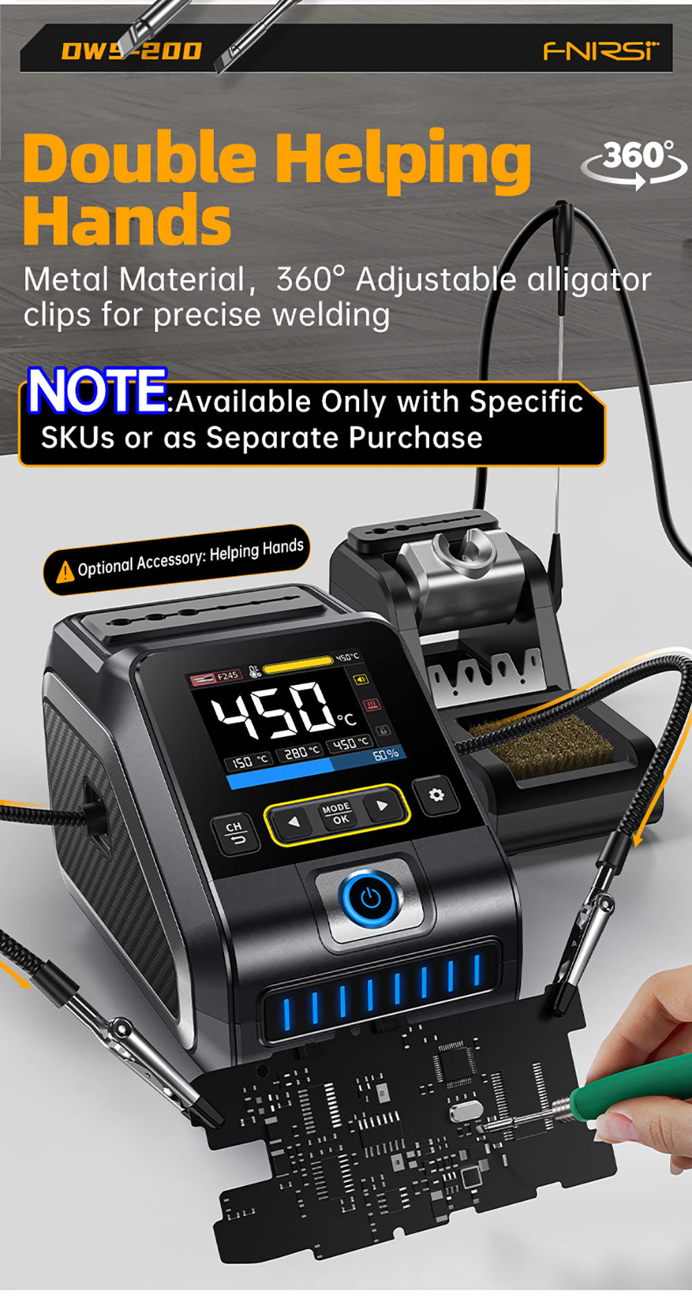 Sada pájecí stanice FNIRSI DWS-200 F245 Premium 200W, se 6 pájecími hroty a 2 pomocnými rukama, režim měření teploty a křivky, 3 úložiště teplot, plně barevný displej