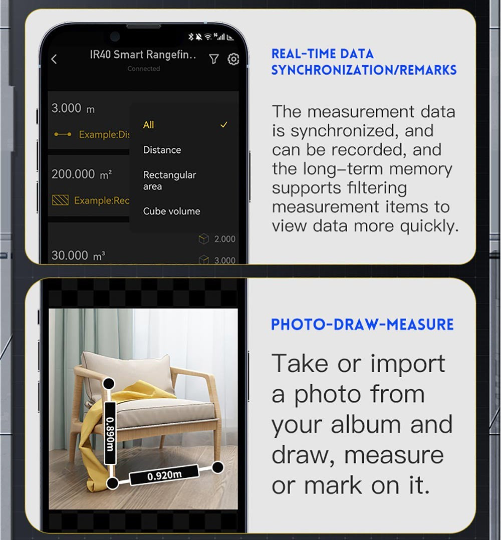 FNIRSI IR40 Inteligentní laserový dálkoměr, digitální měřič vzdálenosti, rozsah měření 40 m, gravitační senzor 360 stupňů, připojení k aplikaci, baterie 400 mAh - šedý