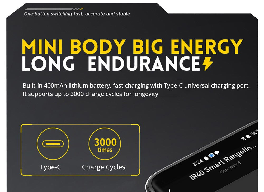 FNIRSI IR40 Inteligentní laserový dálkoměr, digitální měřič vzdálenosti, rozsah měření 40 m, gravitační senzor 360 stupňů, připojení k aplikaci, baterie 400 mAh - šedý