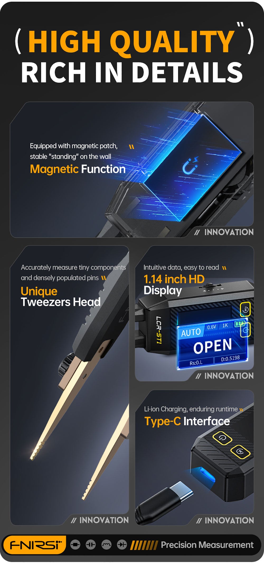 FNIRSI LCR-ST1 Mini Smart Tweezer LCR metr/ESR metr, s frekvencí 100Hz, 1kHz, 10kHz