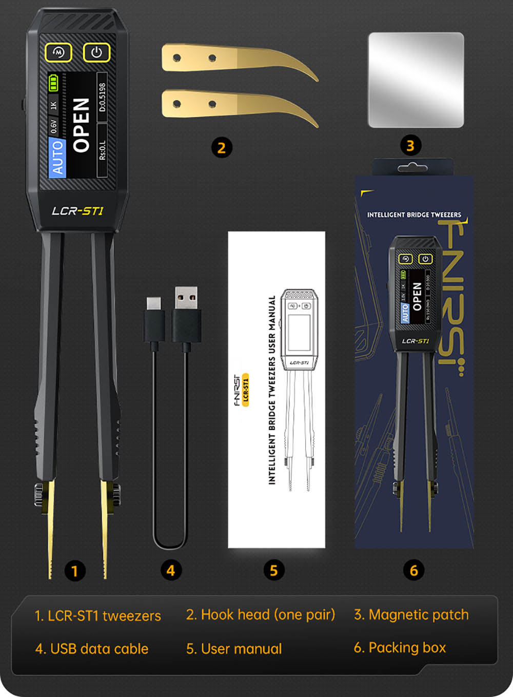 FNIRSI LCR-ST1 Mini Smart Tweezer LCR metr/ESR metr, s frekvencí 100Hz, 1kHz, 10kHz