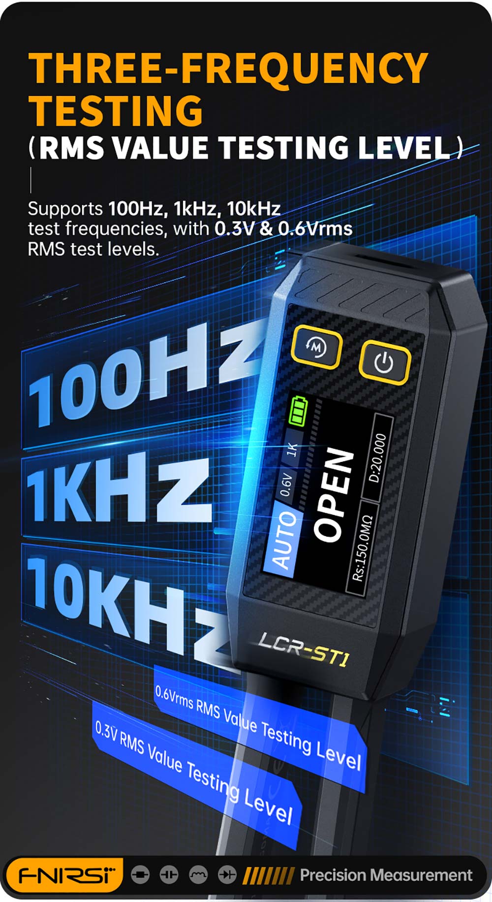 FNIRSI LCR-ST1 Mini Smart Tweezer LCR metr/ESR metr, s frekvencí 100Hz, 1kHz, 10kHz