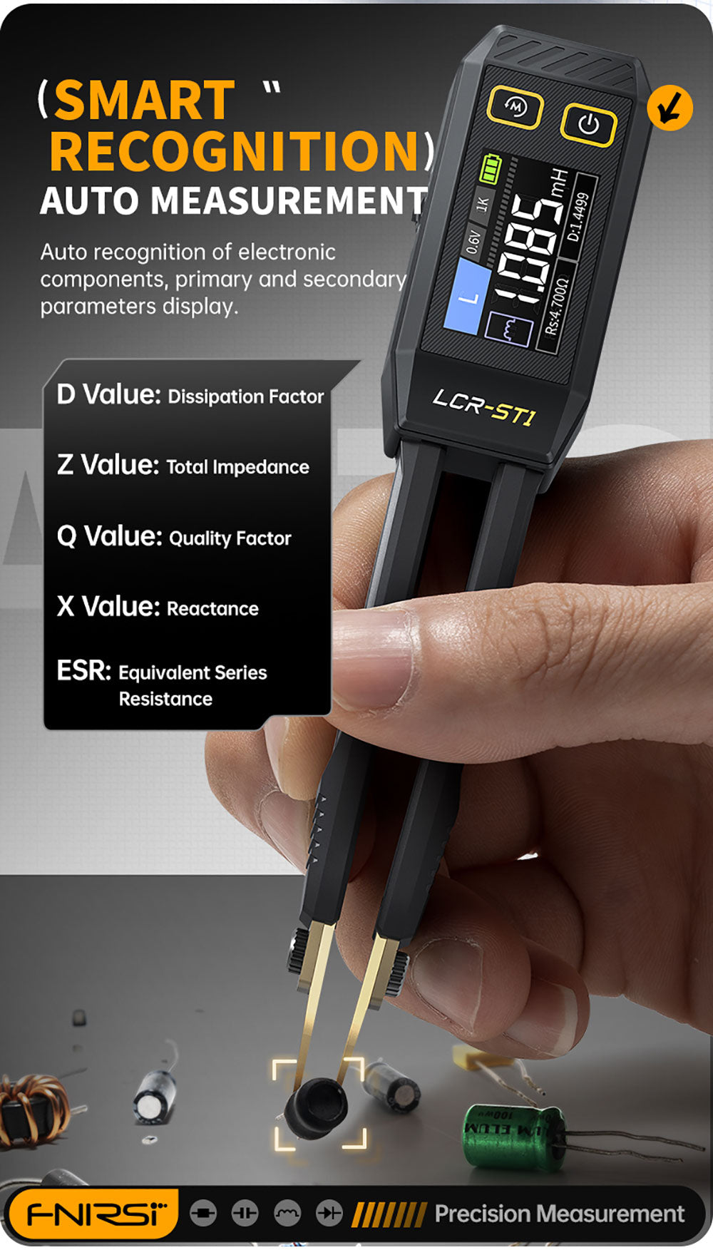 FNIRSI LCR-ST1 Mini Smart Tweezer LCR metr/ESR metr, s frekvencí 100Hz, 1kHz, 10kHz