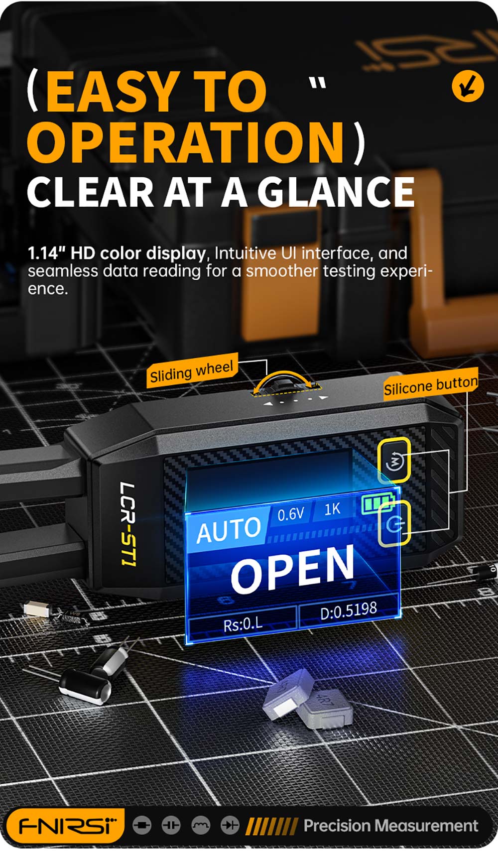 FNIRSI LCR-ST1 Mini Smart Tweezer LCR metr/ESR metr, s frekvencí 100Hz, 1kHz, 10kHz