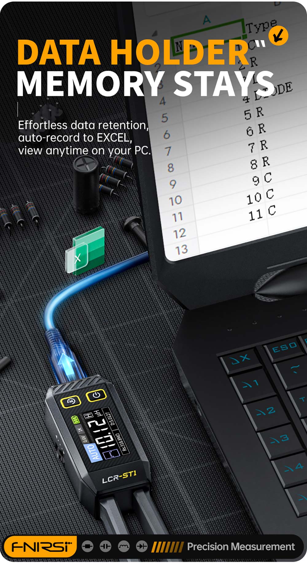 FNIRSI LCR-ST1 Mini Smart Tweezer LCR metr/ESR metr, s frekvencí 100Hz, 1kHz, 10kHz