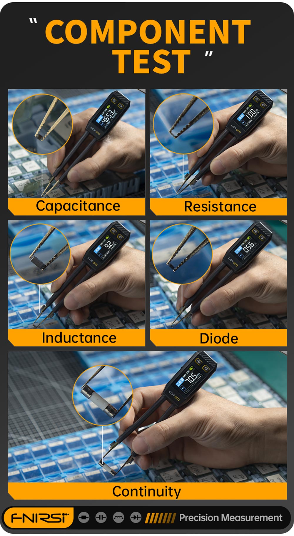 FNIRSI LCR-ST1 Mini Smart Tweezer LCR metr/ESR metr, s frekvencí 100Hz, 1kHz, 10kHz