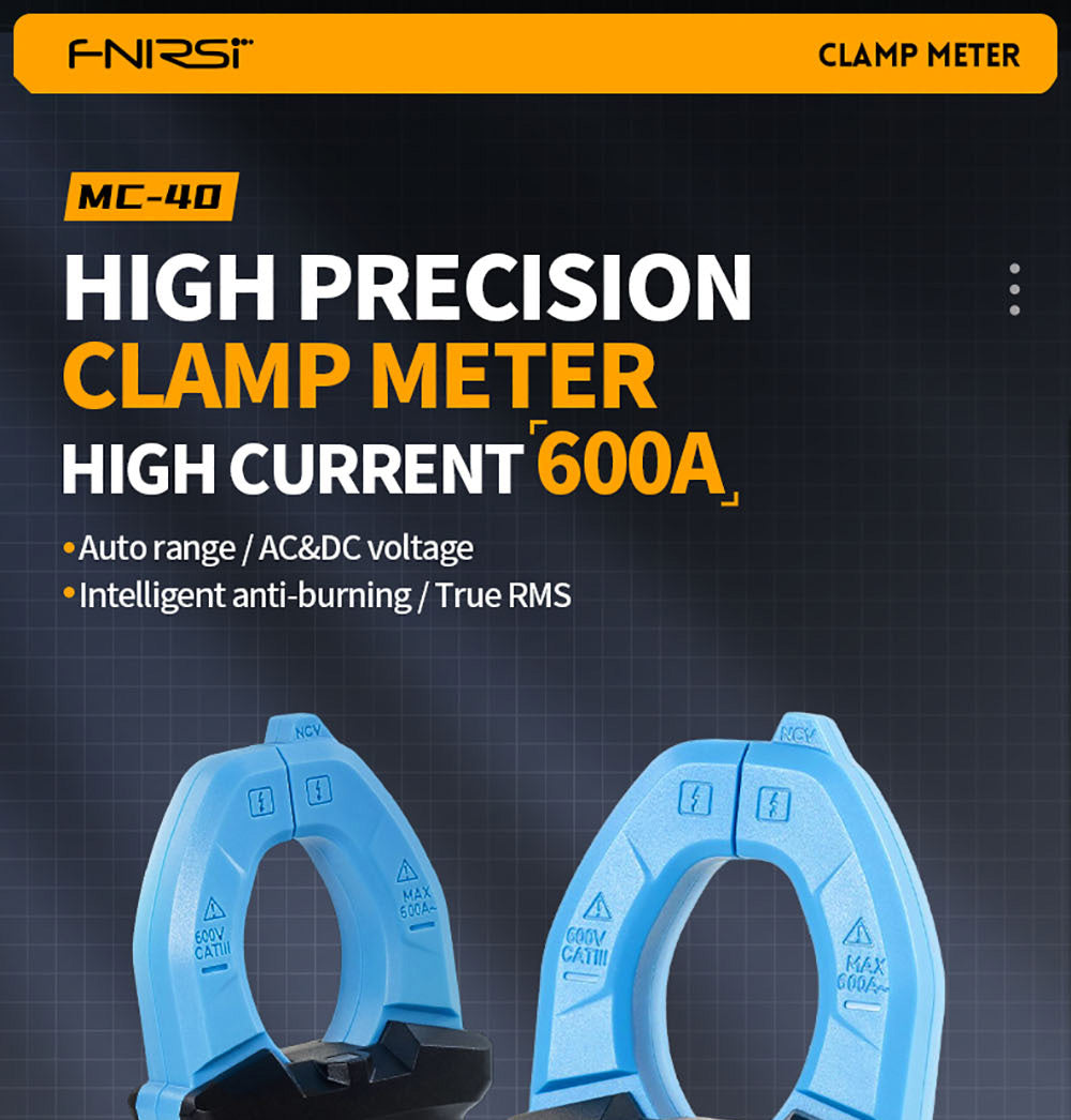 Digitální klešťový měřič FNIRSI MC40, 6000 číslic True RMS, automatický rozsah, měření proudu 600 A