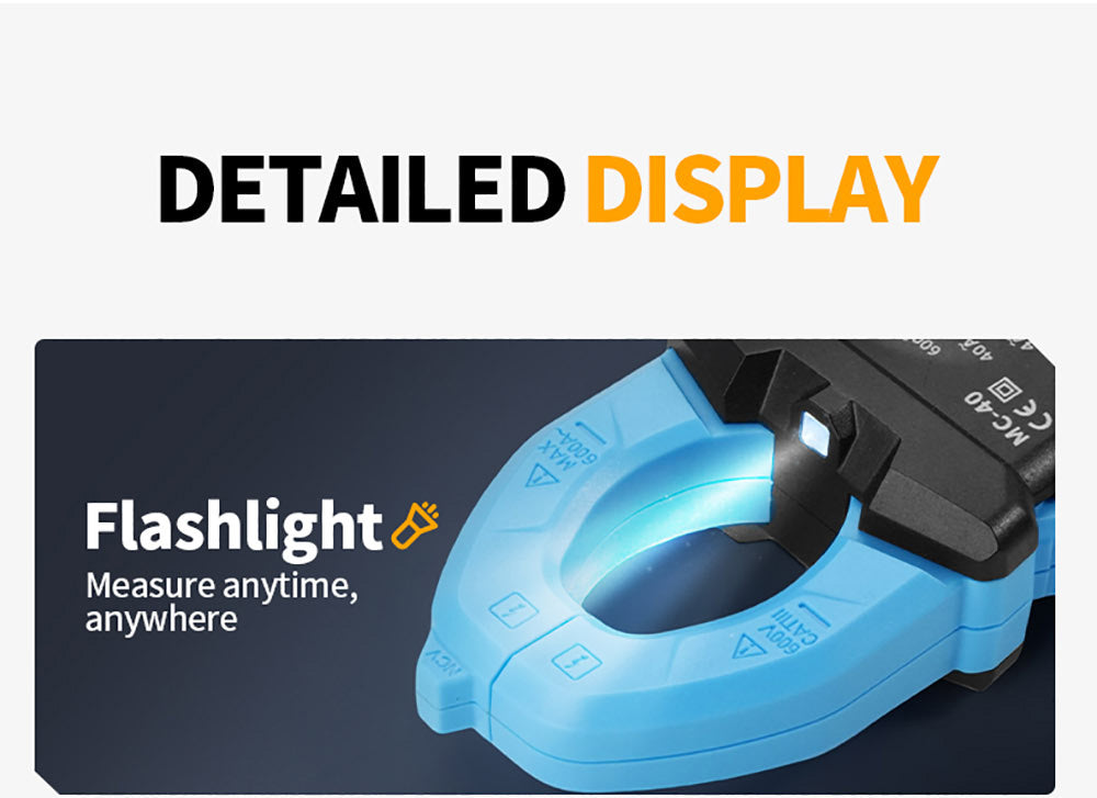 Digitální klešťový měřič FNIRSI MC40, 6000 číslic True RMS, automatický rozsah, měření proudu 600 A