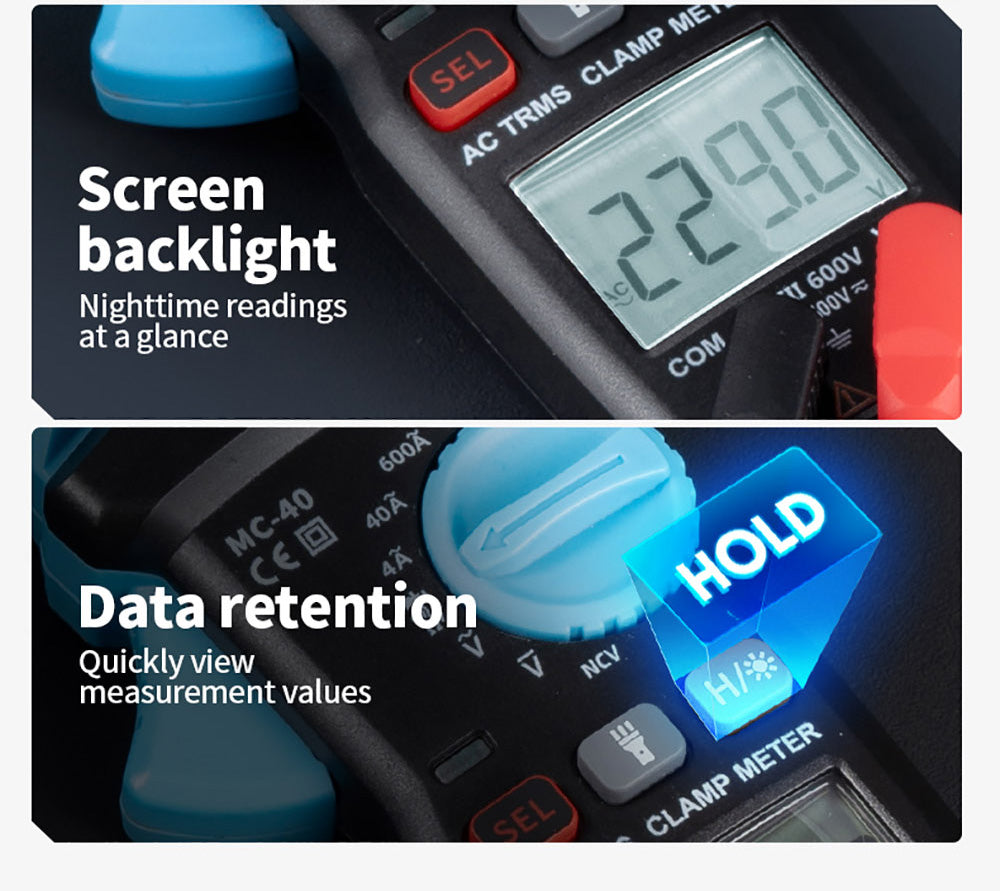 Digitální klešťový měřič FNIRSI MC40, 6000 číslic True RMS, automatický rozsah, měření proudu 600 A
