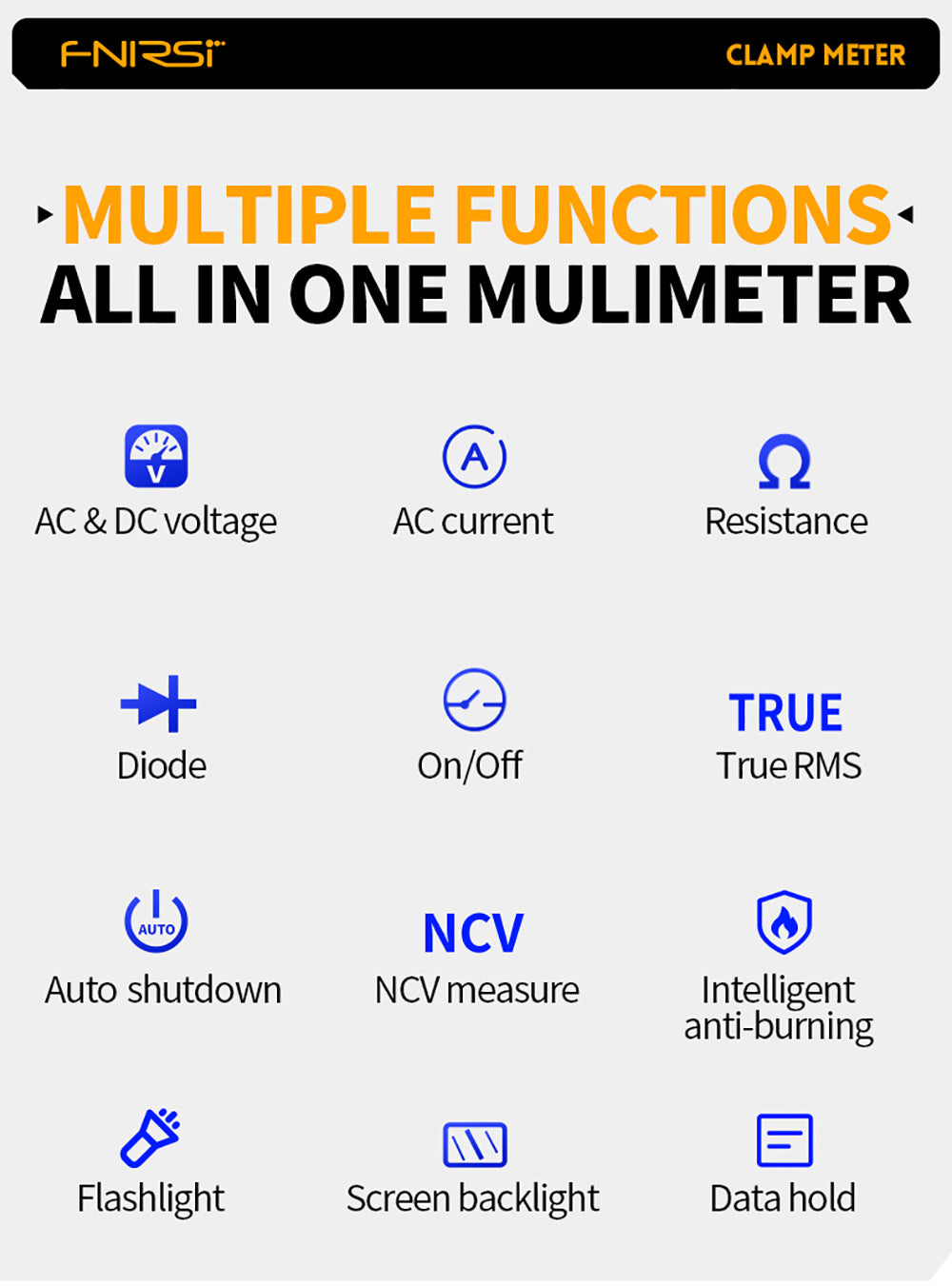 Digitální klešťový měřič FNIRSI MC40, 6000 číslic True RMS, automatický rozsah, měření proudu 600 A