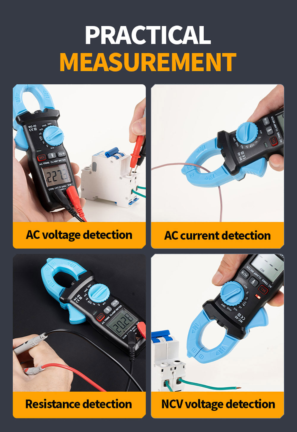 Digitální klešťový měřič FNIRSI MC40, 6000 číslic True RMS, automatický rozsah, měření proudu 600 A
