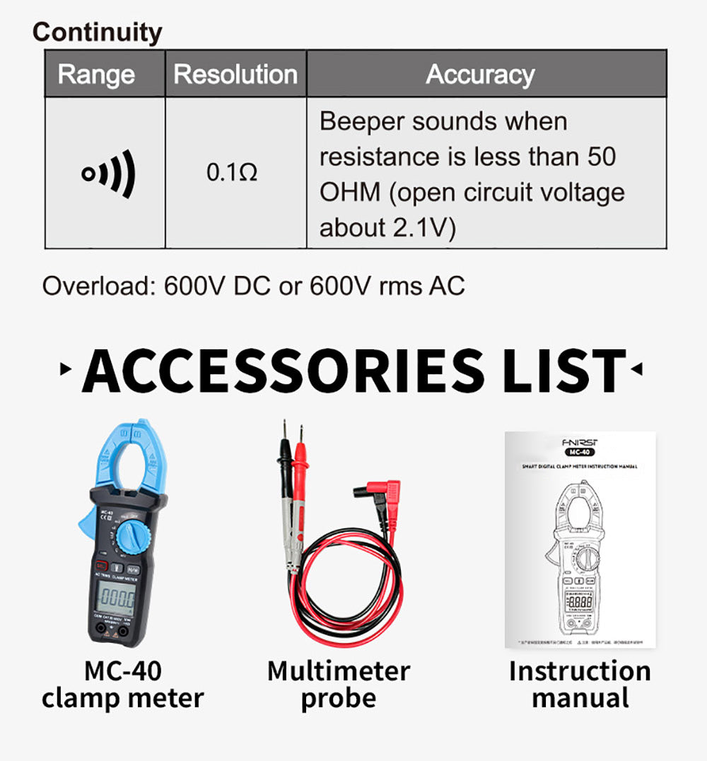 Digitální klešťový měřič FNIRSI MC40, 6000 číslic True RMS, automatický rozsah, měření proudu 600 A