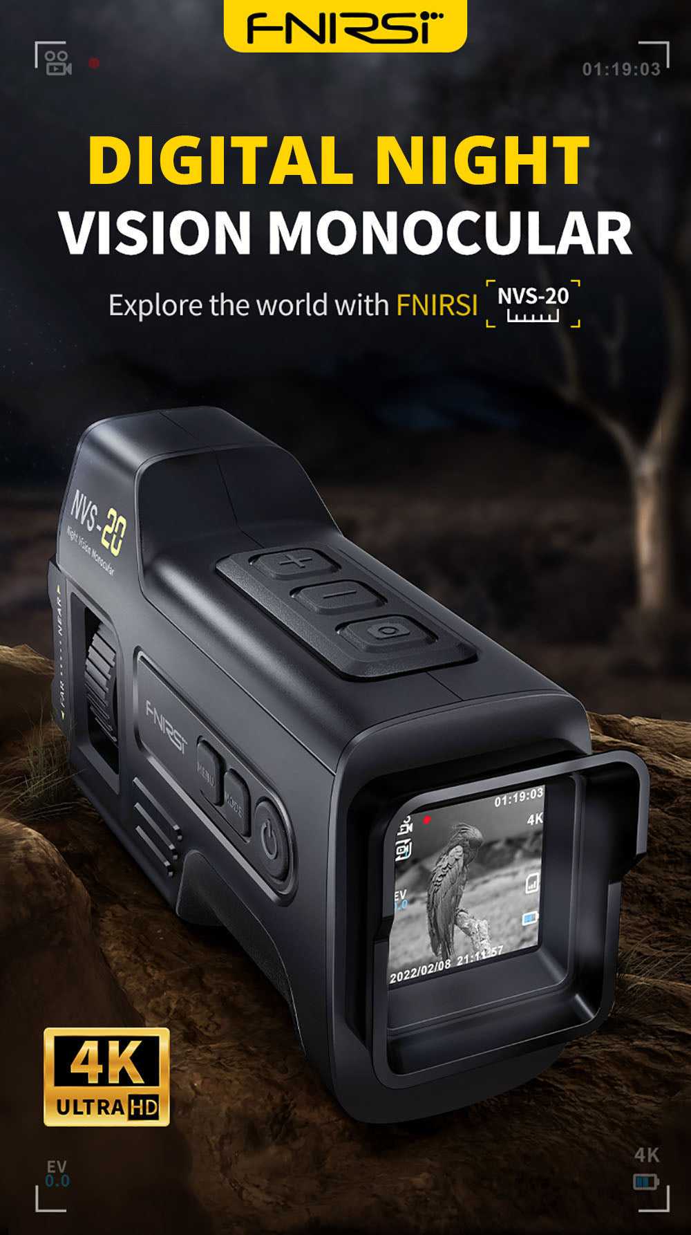 FNIRSI NVS-20 4K digitální monokulární noční vidění, 1,54palcová IPS obrazovka, 6násobný maximální digitální zoom, infračervené světlo 850nm, 7úrovňové nastavitelné IR - černé