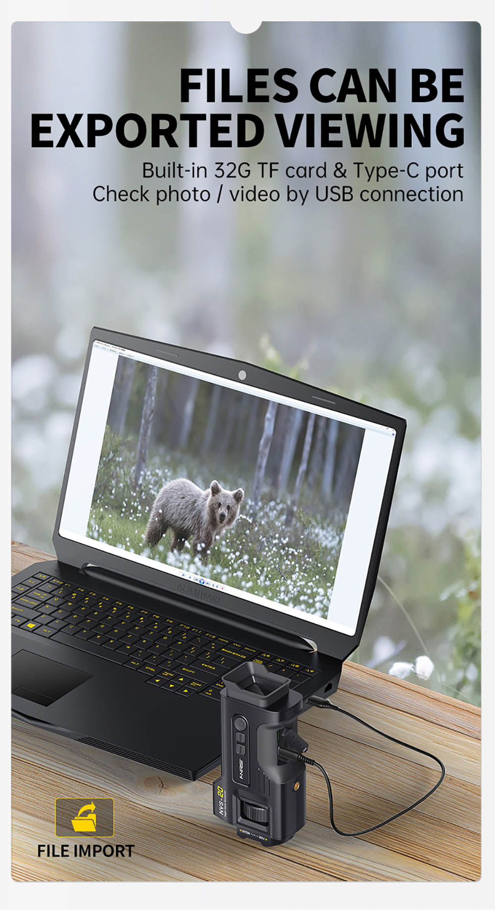 FNIRSI NVS-20 4K digitální monokulární noční vidění, 1,54palcová IPS obrazovka, 6násobný maximální digitální zoom, infračervené světlo 850nm, 7úrovňové nastavitelné IR - černé