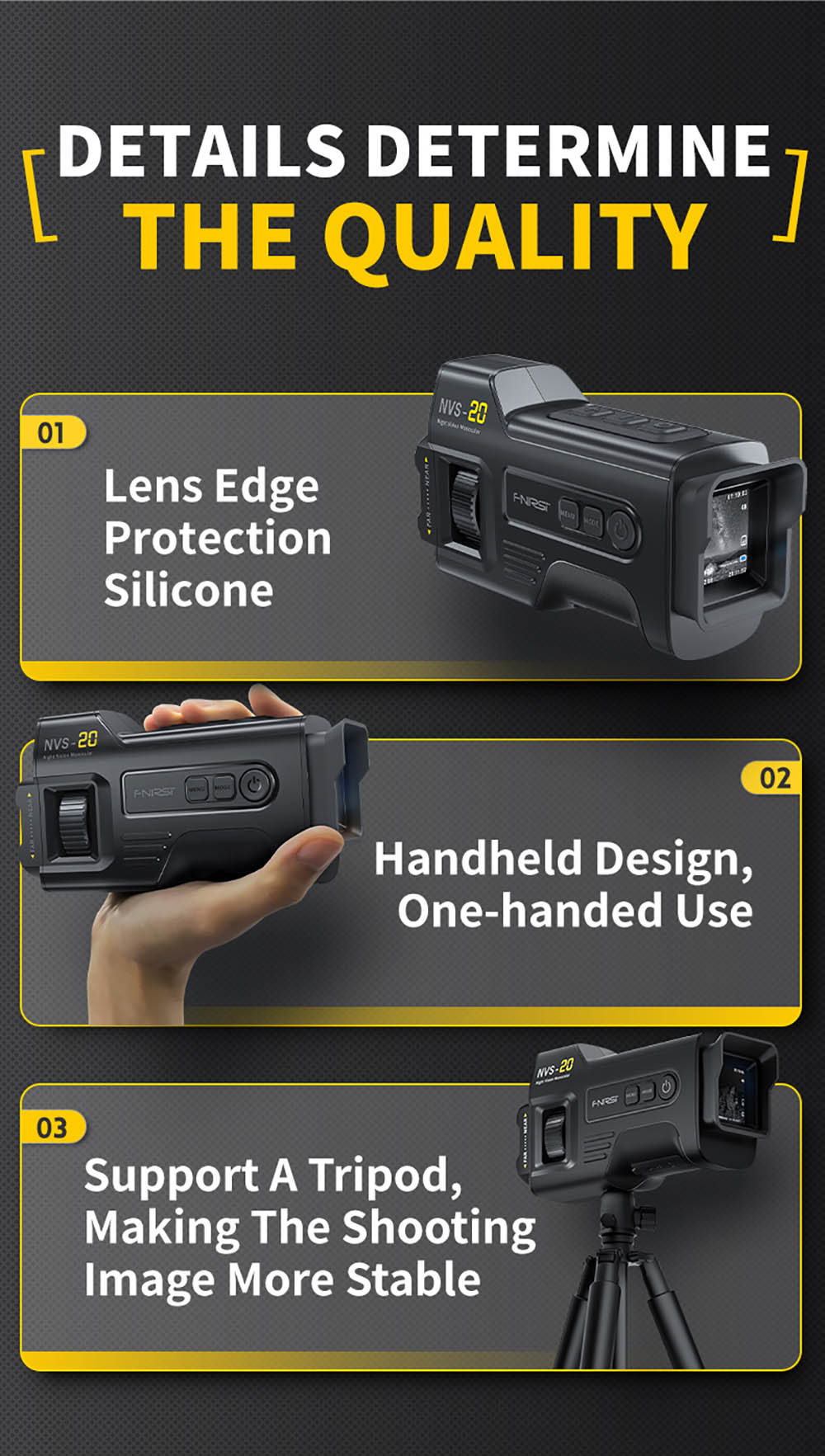 FNIRSI NVS-20 4K digitální monokulární noční vidění, 1,54palcová IPS obrazovka, 6násobný maximální digitální zoom, infračervené světlo 850nm, 7úrovňové nastavitelné IR - černé