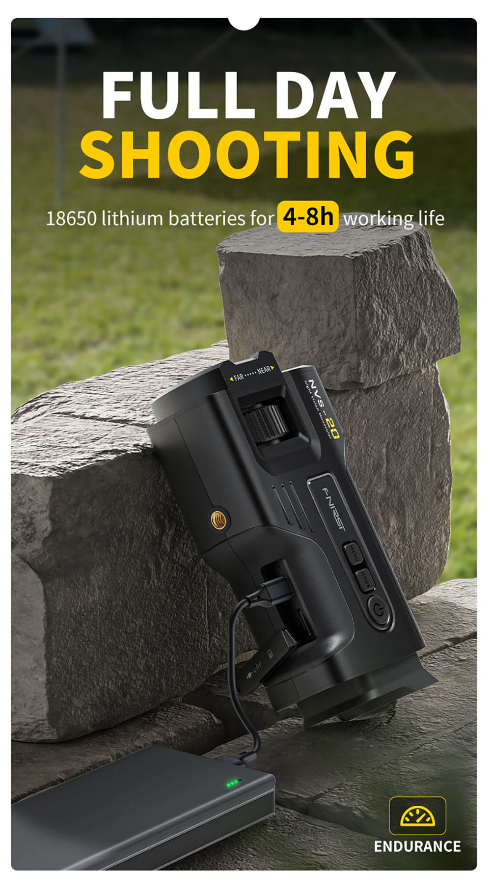 FNIRSI NVS-20 4K digitální monokulární noční vidění, 1,54palcová IPS obrazovka, 6násobný maximální digitální zoom, infračervené světlo 850nm, 7úrovňové nastavitelné IR - černé