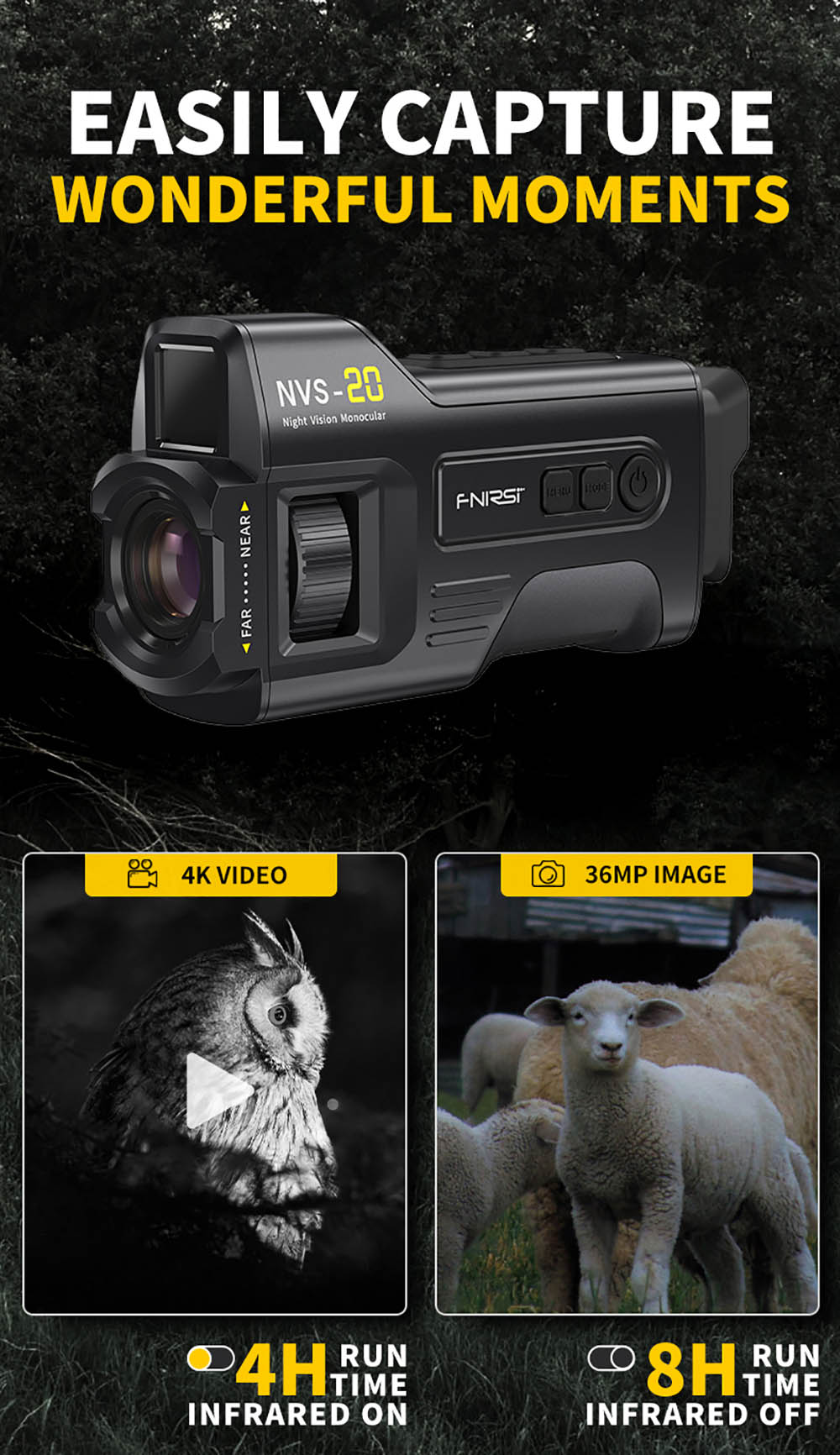 FNIRSI NVS-20 4K digitální monokulární noční vidění, 1,54palcová IPS obrazovka, 6násobný maximální digitální zoom, infračervené světlo 850nm, 7úrovňové nastavitelné IR - černé