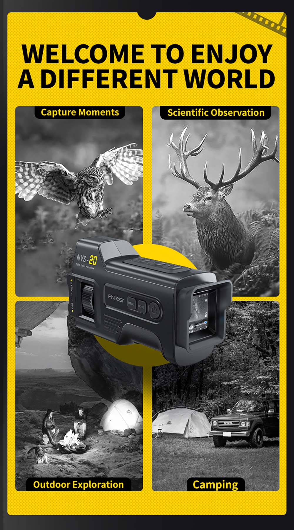 FNIRSI NVS-20 4K digitální monokulární noční vidění, 1,54palcová IPS obrazovka, 6násobný maximální digitální zoom, infračervené světlo 850nm, 7úrovňové nastavitelné IR - černé