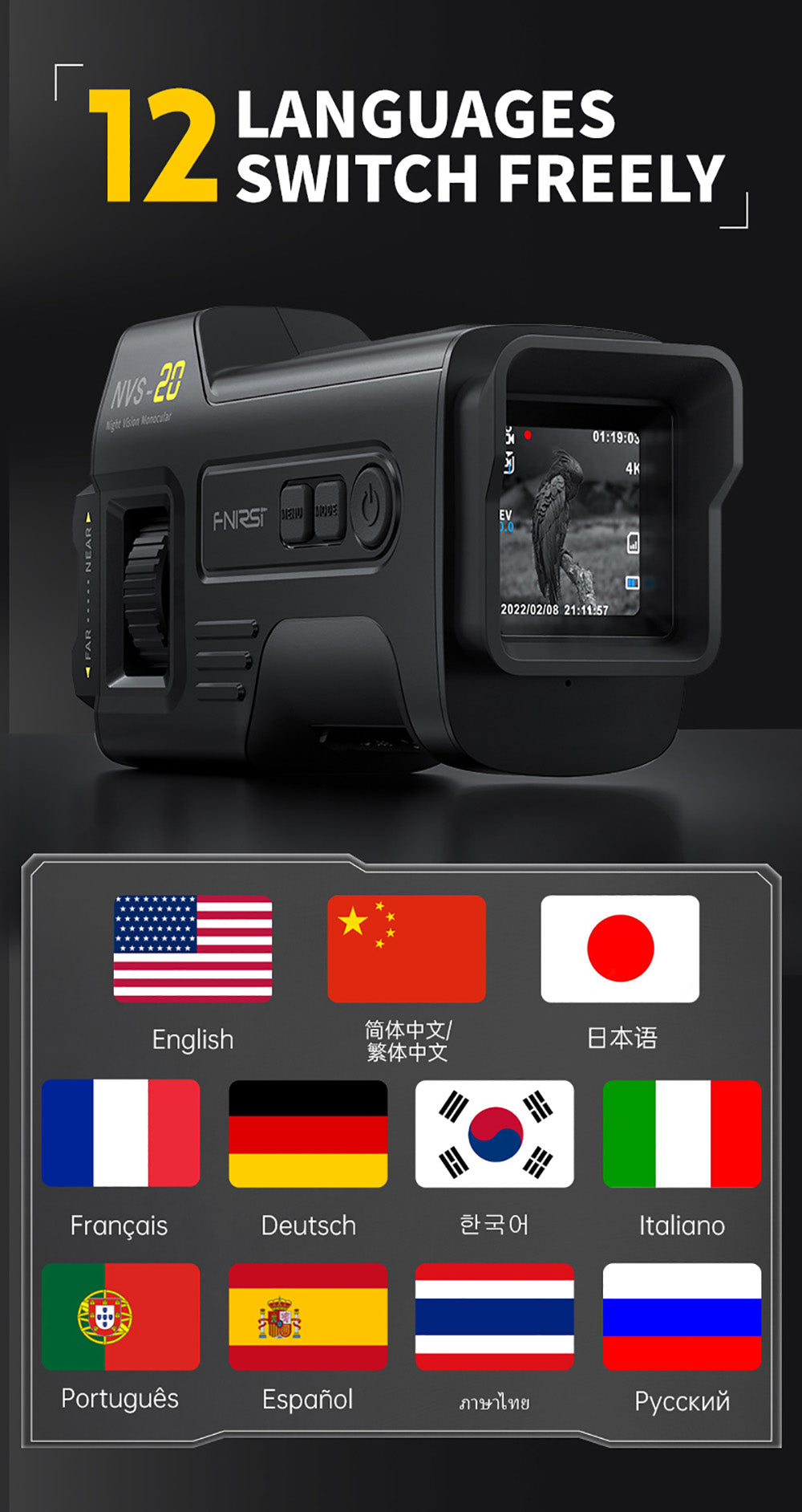 FNIRSI NVS-20 4K digitální monokulární noční vidění, 1,54palcová IPS obrazovka, 6násobný maximální digitální zoom, infračervené světlo 850nm, 7úrovňové nastavitelné IR - černé