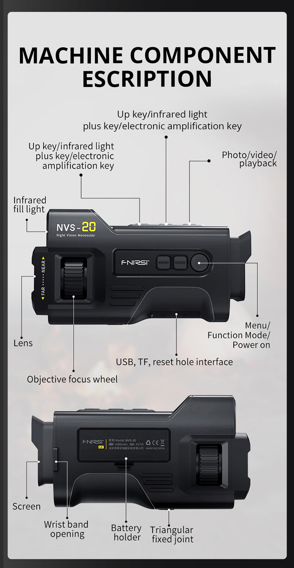 FNIRSI NVS-20 4K digitální monokulární noční vidění, 1,54palcová IPS obrazovka, 6násobný maximální digitální zoom, infračervené světlo 850nm, 7úrovňové nastavitelné IR - černé