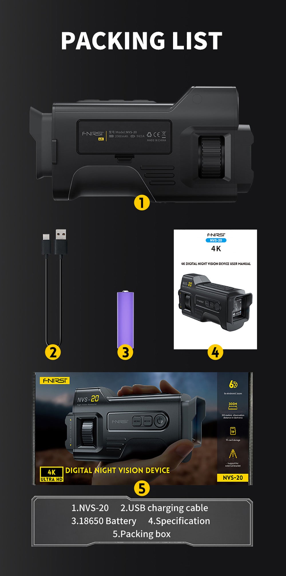 FNIRSI NVS-20 4K digitální monokulární noční vidění, 1,54palcová IPS obrazovka, 6násobný maximální digitální zoom, infračervené světlo 850nm, 7úrovňové nastavitelné IR - černé
